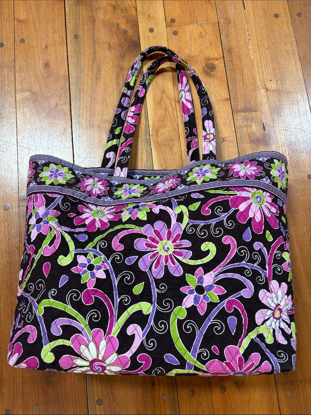 Vera Bradley Black Quilted Tote with Pink & Green Floral Pattern - Picture 3 of 13